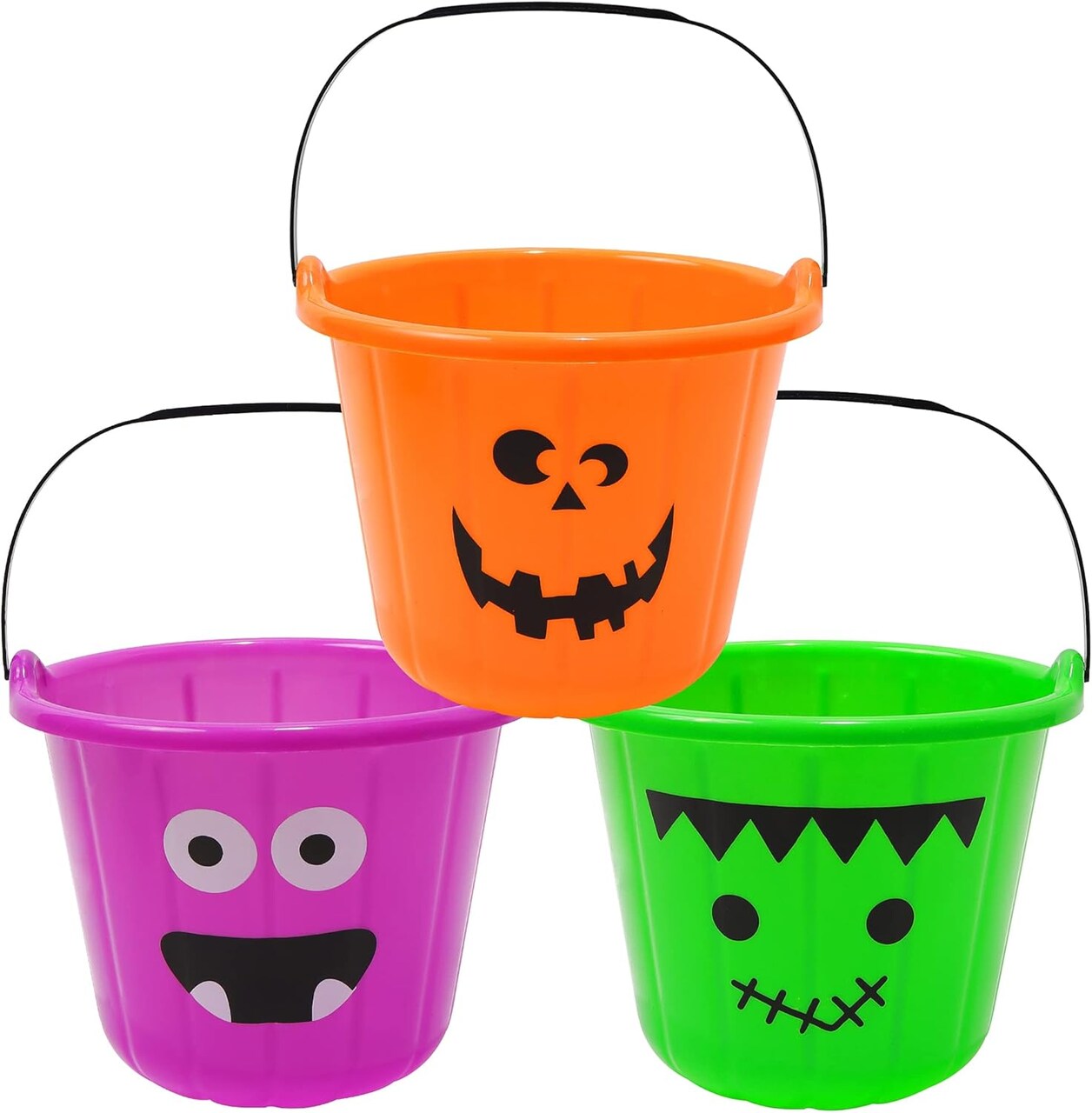 3 Pack Halloween Trick or Treat Buckets (Orange, Pink, Green) - 1"L x 1"W x 1"H